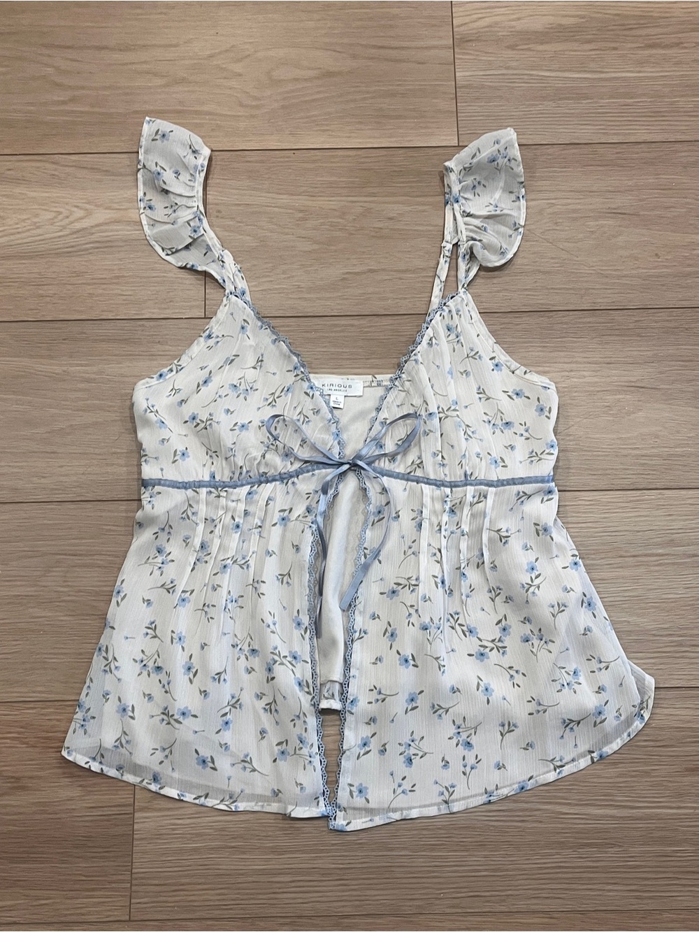 Kirious Floral Chiffon Babydoll Top Blue White Ruffle Tie Front Cottagecore